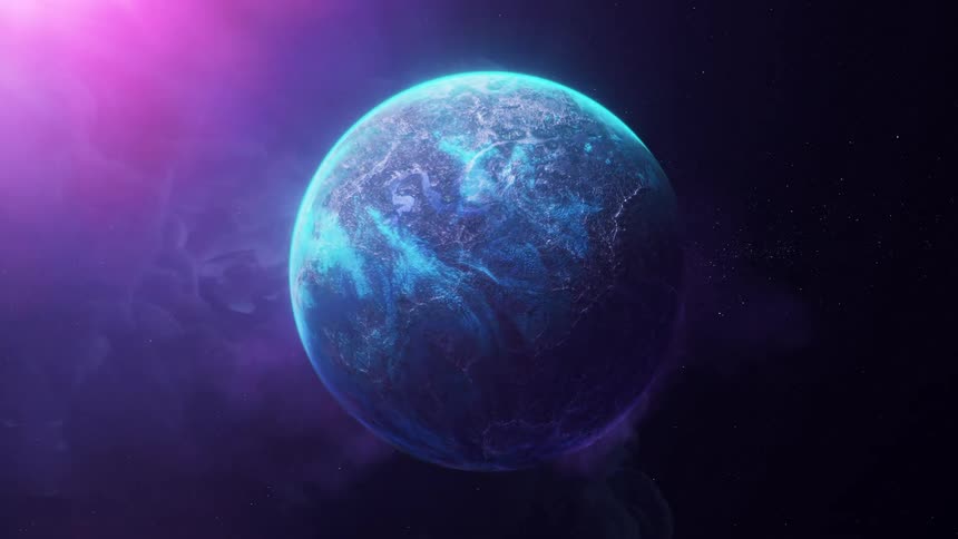 A purple light shining on the moon at night