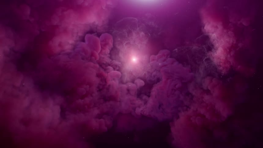 A bright glowing star shines in a sky filled with magenta colored clouds in space