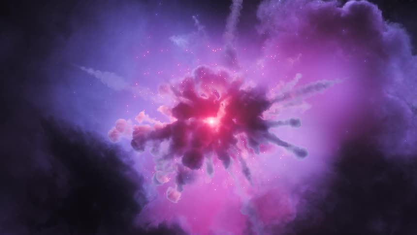 Blue and red spots of light move around gaseous mass glowing at the center