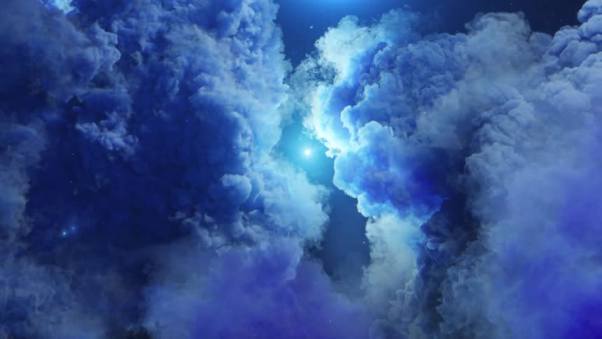 Blue and purple clouds move in the sky as a very bright star shines