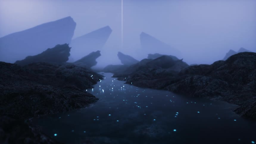 Particles of light drifting down a river in a foggy landscape