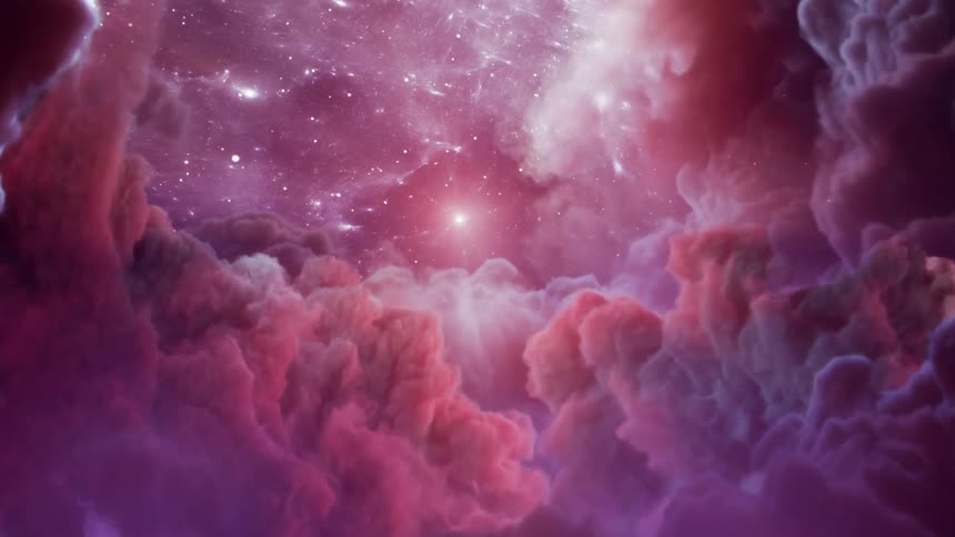 A tunnel of pink and magenta clouds leads to stars in space glowing through the clouds as one star is brightest of all