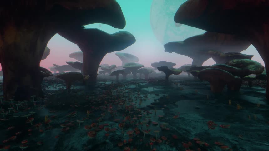 An alien planet filled with mushrooms with planets hovering overhead