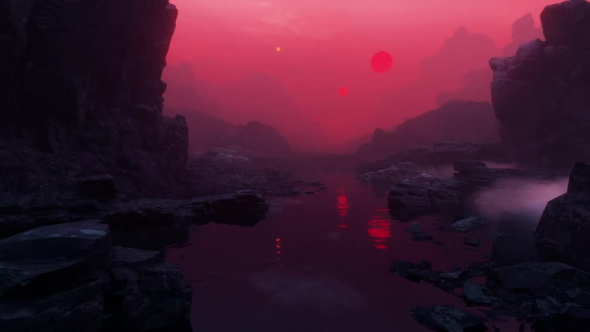 Surreal dreamlike colorful alien landscape with 3 suns