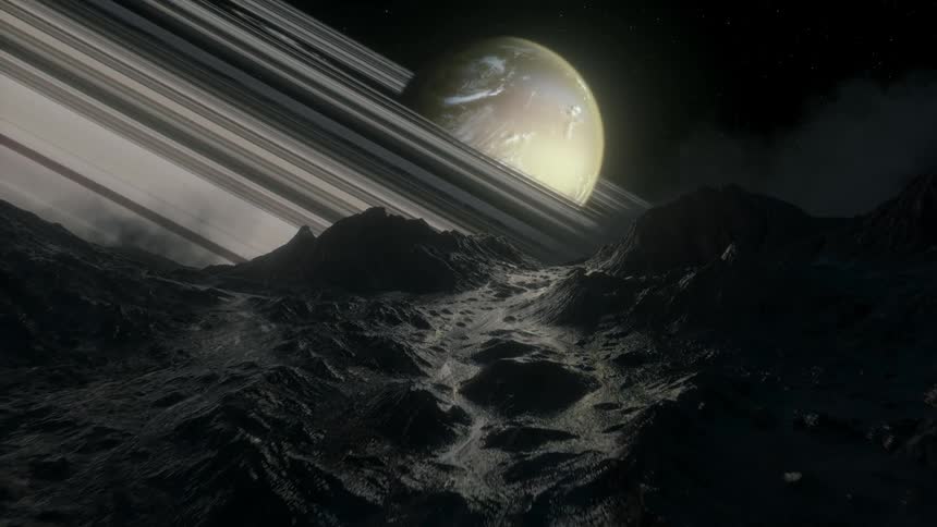 A large planet in the distance in the night space with rocky mountains in the foreground