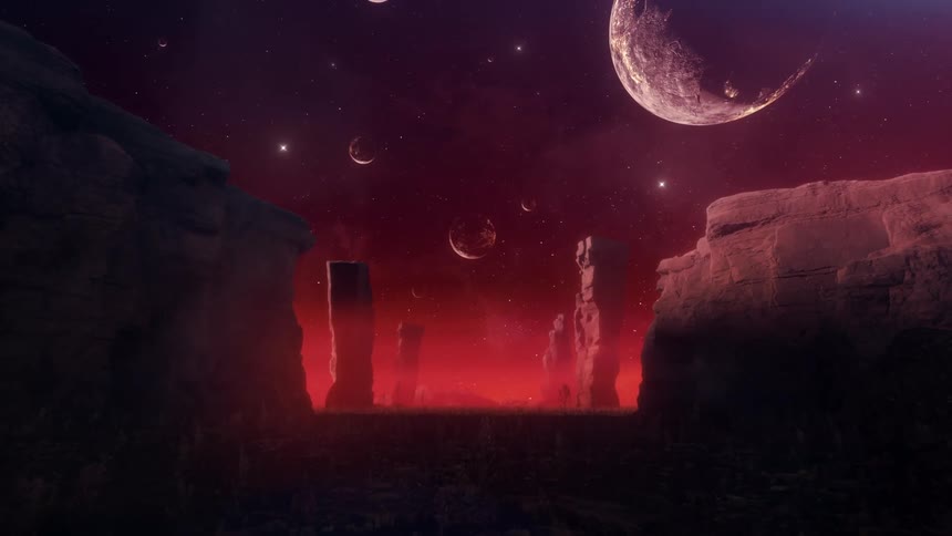 Numerous planets hang above an alien landscape