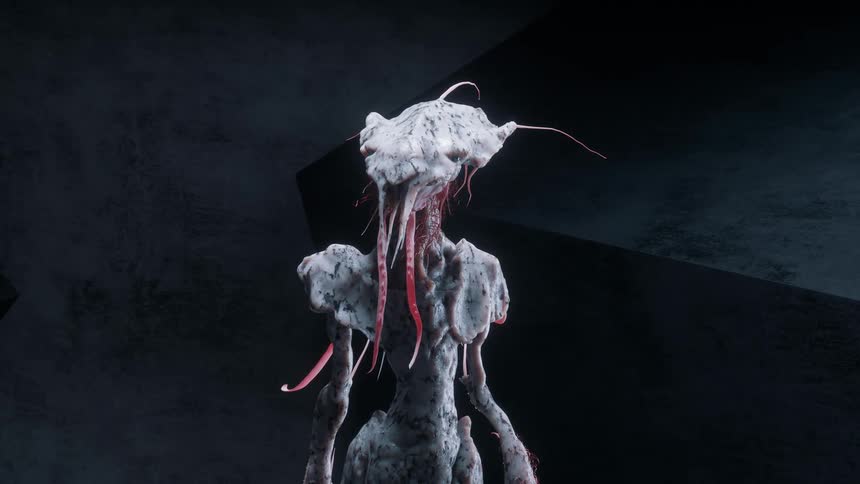 Alien being with red tentacles and pale skin stands near gray walls