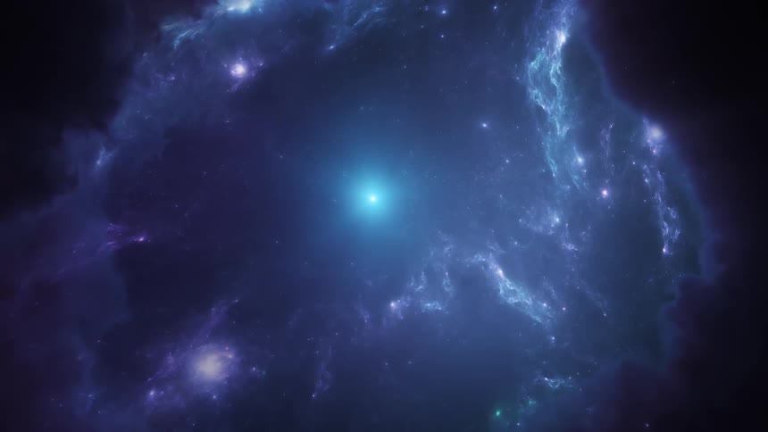A hole opens in the dark clouds and a bright star glows and pulsates in a purple nebula