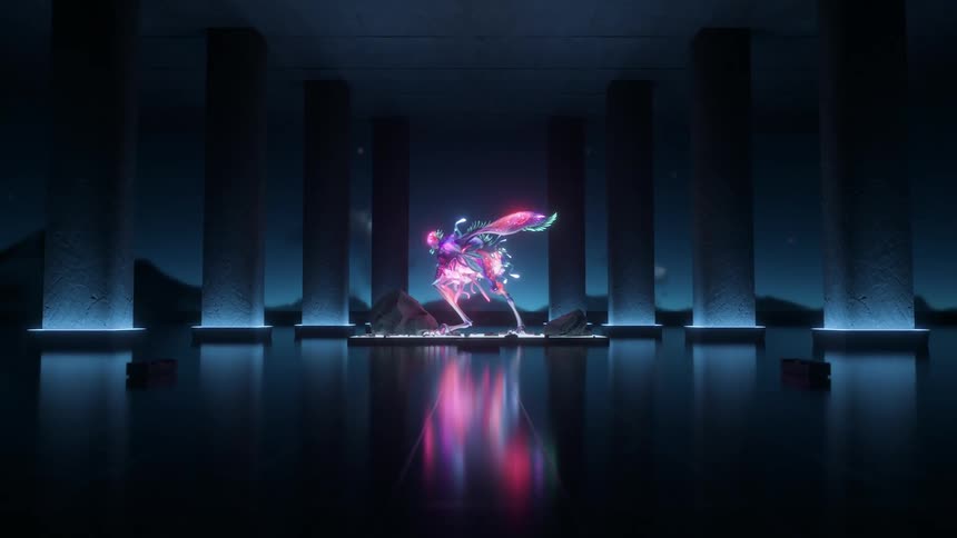 A glowing alien creature is on display in a futuristic room