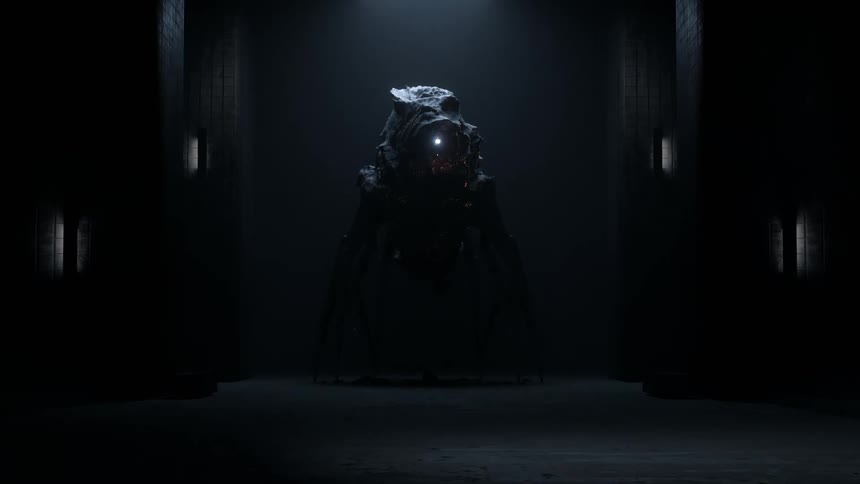 A tall rock with a glowing light sits at the end of a dark hallway