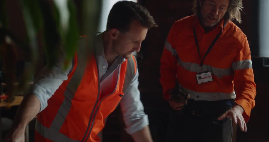 Two workers going through blueprints