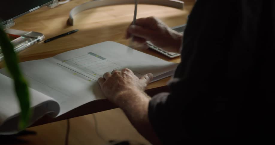 A person is writing in a blueprint book