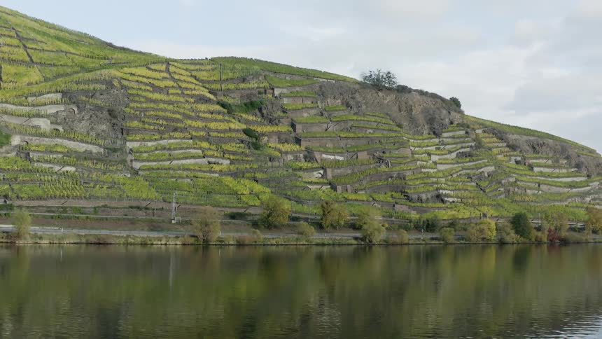 Green terraced plantings on a hill beside a river on a partly cloudy day