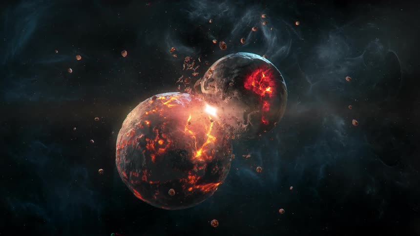 Two primitive planets crashing into each other