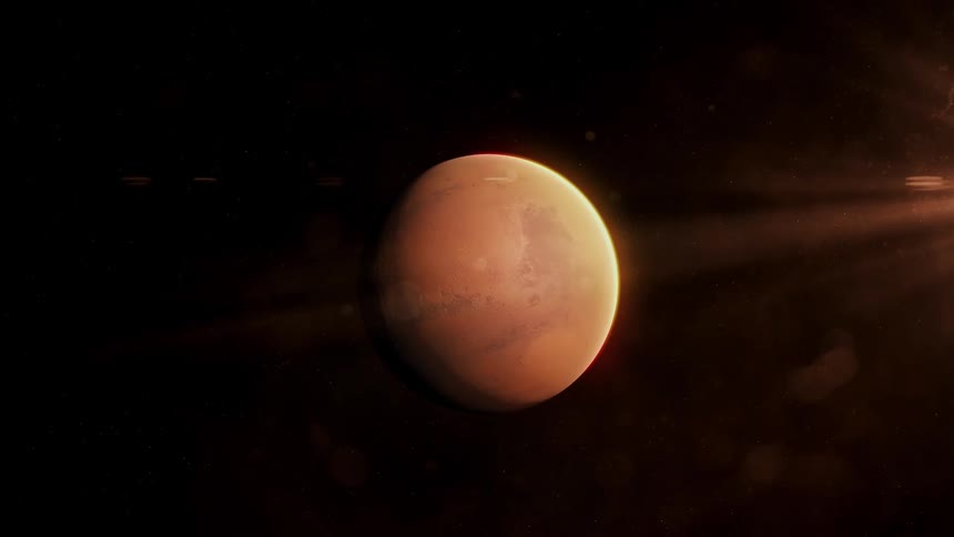 Planet Mars is lit by the sun