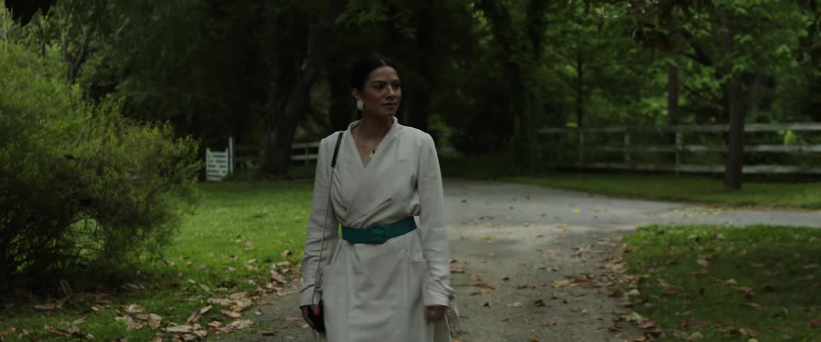 Woman wearing fashionable attire walks along road smiling as she passes large fenced yards