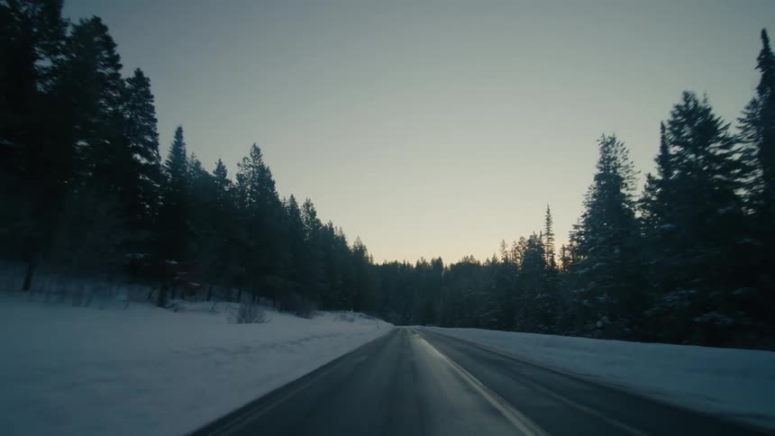 Snow is along the roadside lined with trees and a forested mountain in the distance