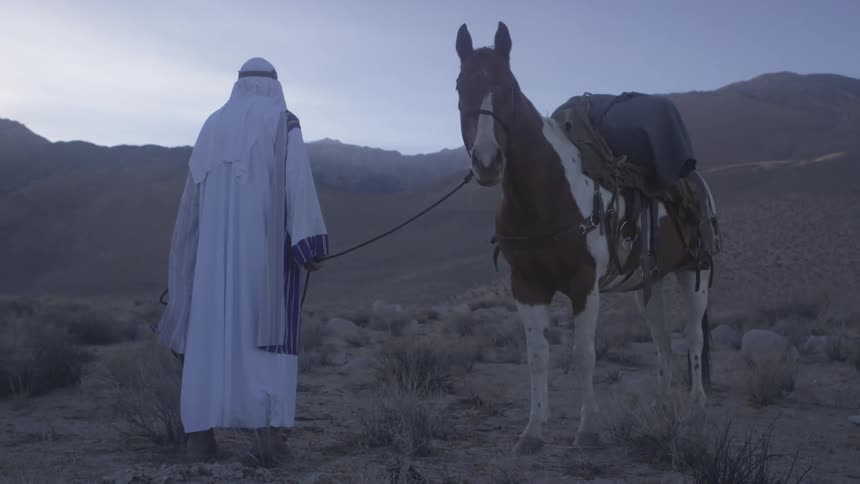 A man stands next to a horse in the desert