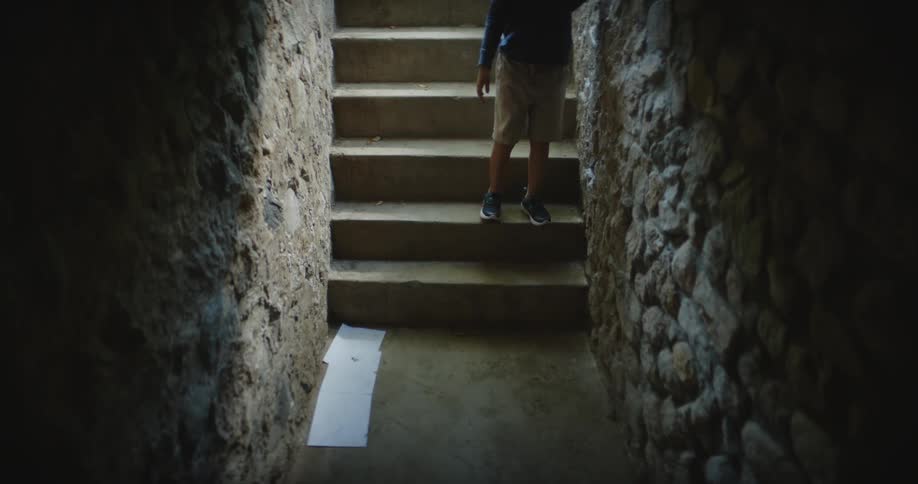 A young boy slowly descends the stairs into a dark basement