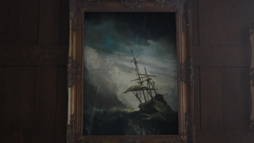 A painting is animated on a wood panel wall