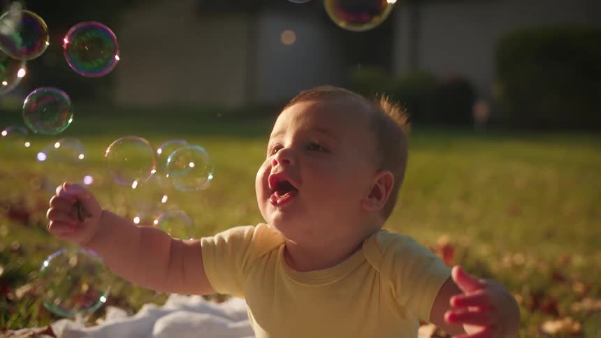 A baby laughing enjoying and playing with soap bubbles on the front lawn