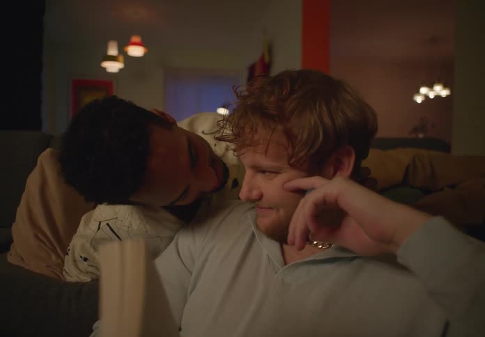 Man with brown shirt and beard kisses man with beard and gray shirt while reading a book sitting on couch at home