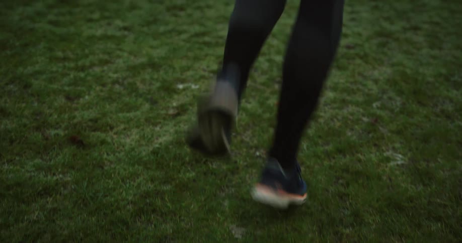 Woman with leggings and sneakers exercises on green lawn