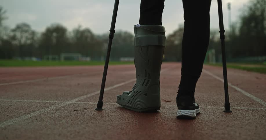 An person on crutches stands on the track