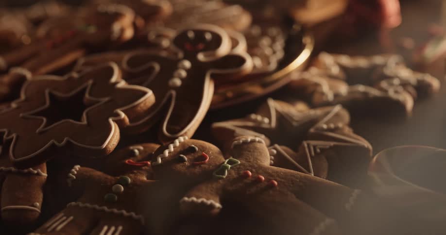 Close up view of gingerbread cookies is displayed
