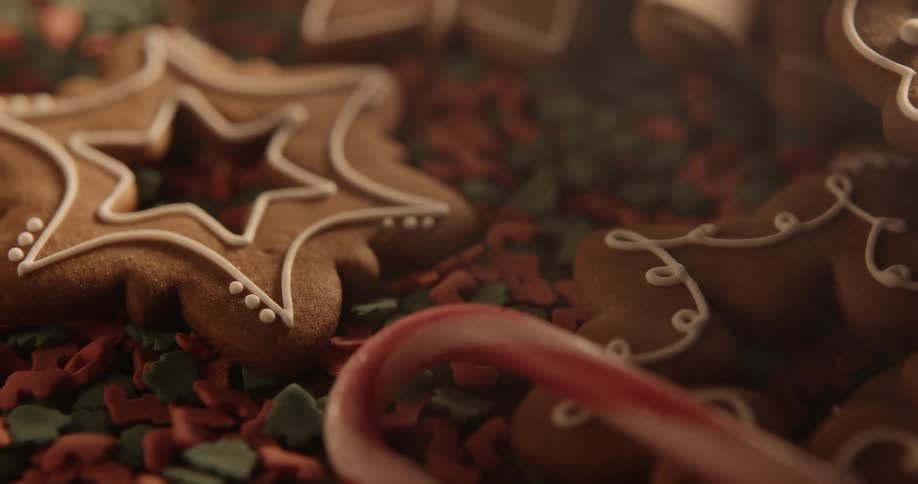 Close up of holiday gingerbread cookies on display