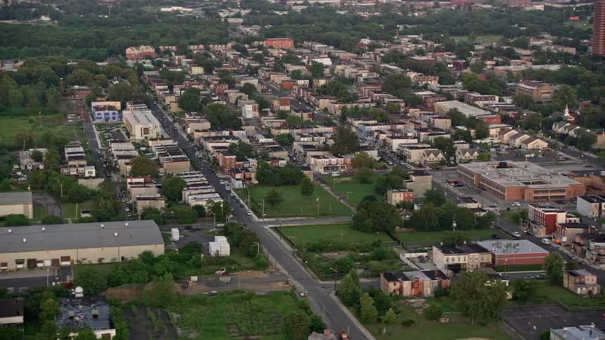 A stunning aerial view of row houses in Camden New Jersey at sunset