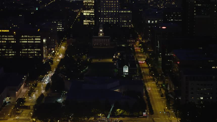 Aerial footage at night of Independence Hall at Independence Mall in Philadelphia Pennsylvania a historic landmark