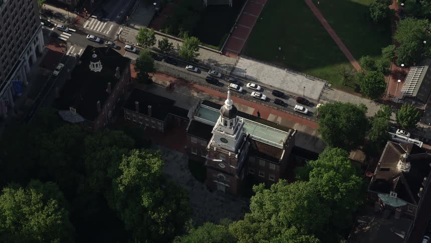 A stunning aerial view of Independence Hall and Chestnut Street in downtown Philadelphia on a partly cloudy day