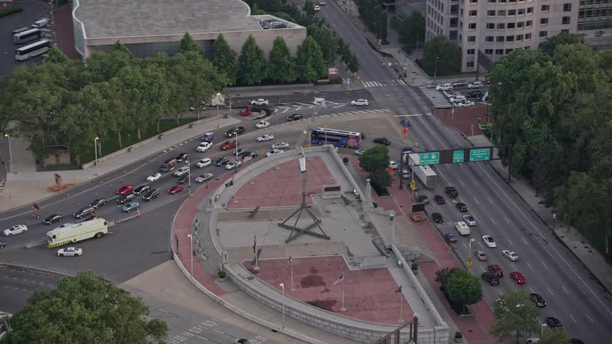 Aerial view of the famous Bolt of Lightning sculpture in Franklin Square Philadelphia during sunset