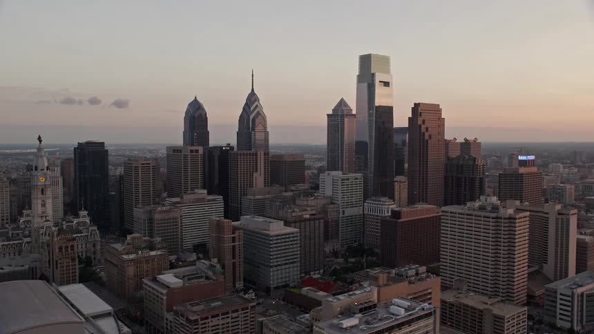 A breathtaking aerial view of downtown Philadelphias towering skyline at twilight