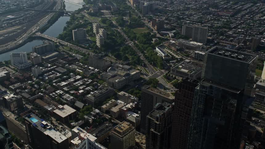 An aerial view of One and Two Liberty Place in Downtown Philadelphia on a hazy day