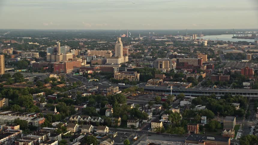 Aerial view of Camden County City Hall and the US District Court at sunset in New Jersey