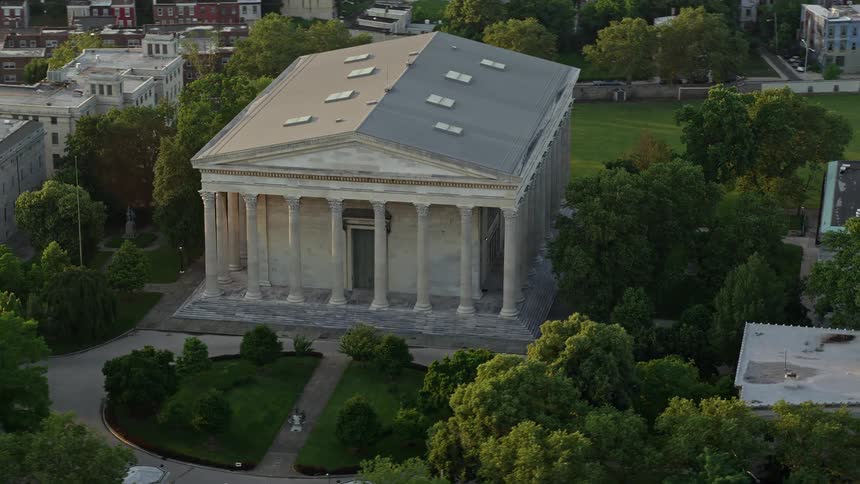 A stunning sunset aerial clip of Girard College building in North Philadelphia Pennsylvania showcasing the schools stunning architecture