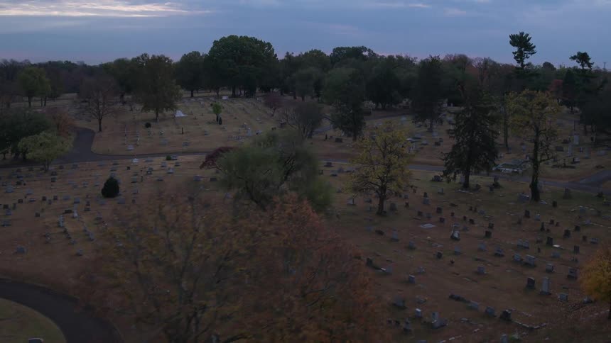 Aerial view of a cemetery in the fall