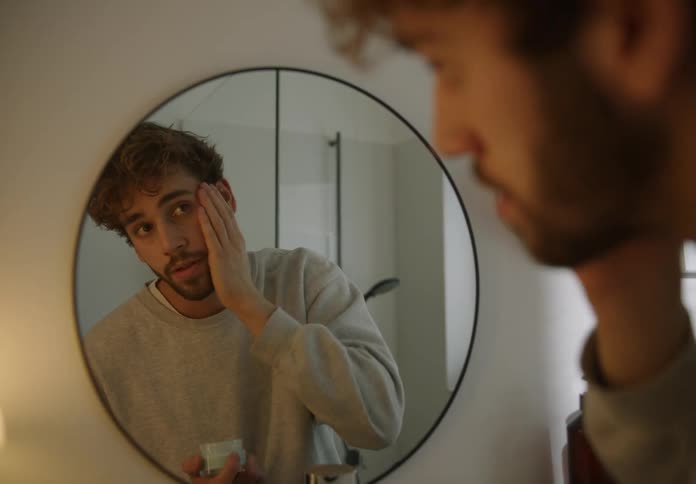 Man with beard and and gray sweater looks in the mirror in the bathroom applying face cream