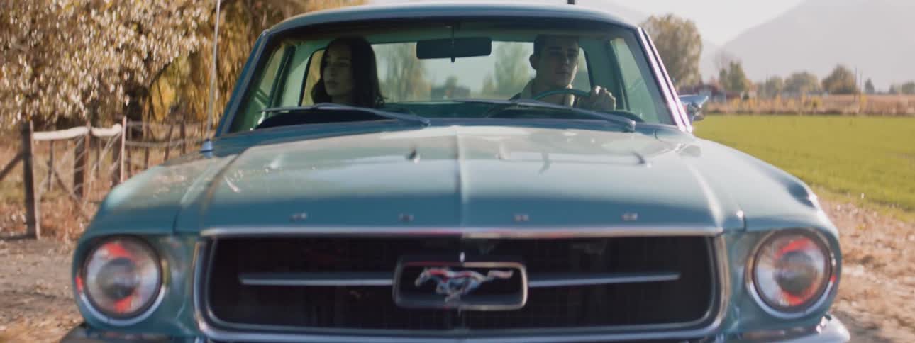 A couple are driving through the countryside