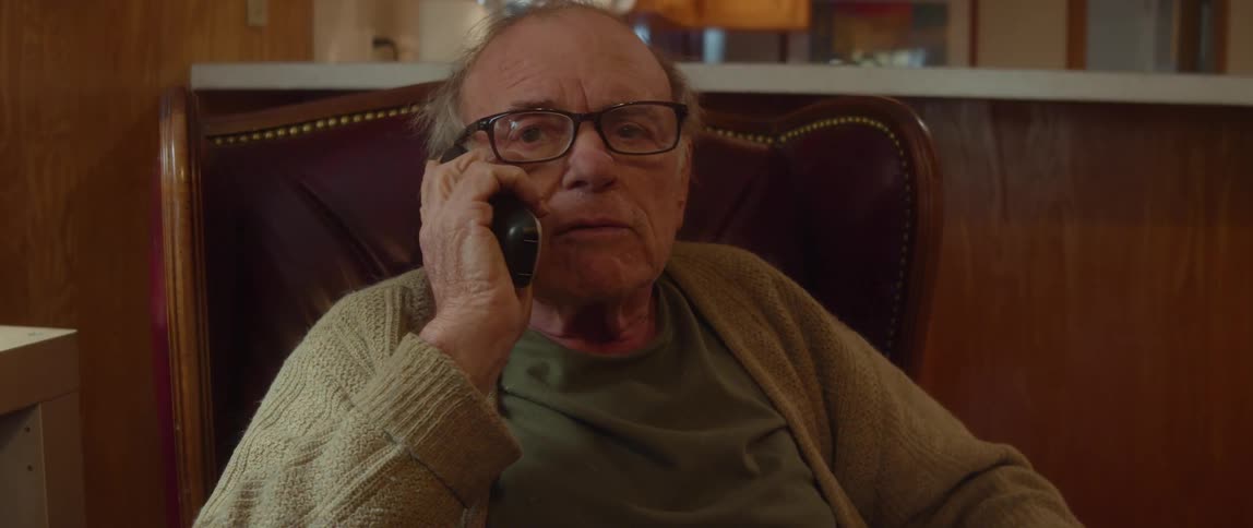 An elderly man is sitting in a chair in his living room talking on the phone