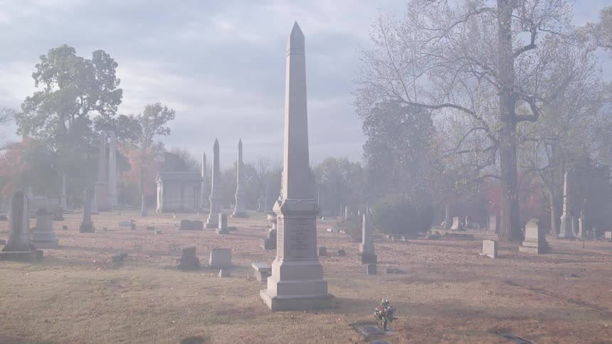Fog fills this cemetery
