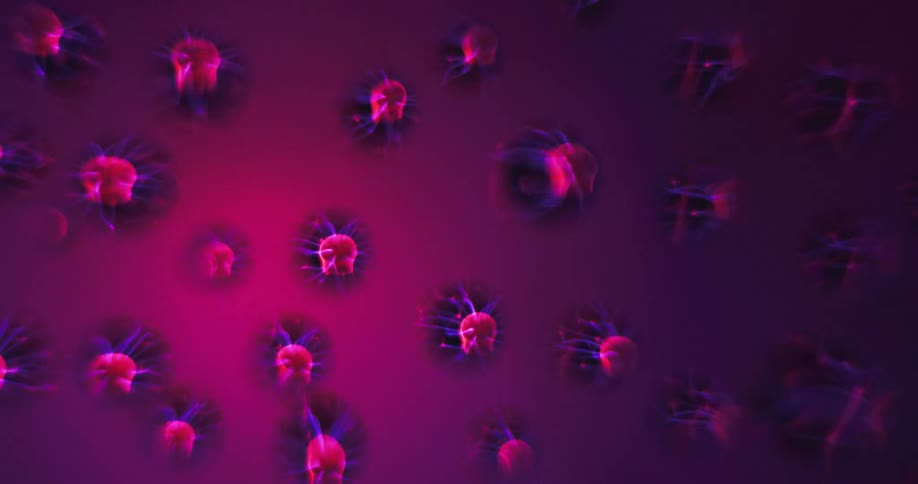 Purple and pink colored lights shine on water droplets as they appear to turn and rotate as purple strands spread as texture is reflected inside from the moving light