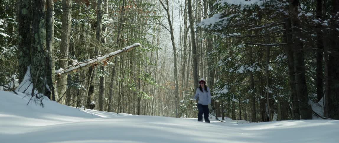 A woman walks alone through a snow covered forest