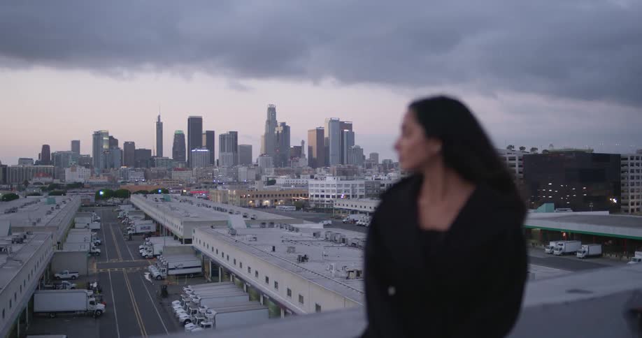 A young woman is standing on the rooftop of a building on a cloudy evening gazing in the distance with the skyline of a city in the background