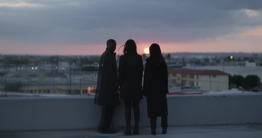 A man and two women wearing long coats stand at the ledge of a roof overlooking the buildings below watching the sunset in the distance