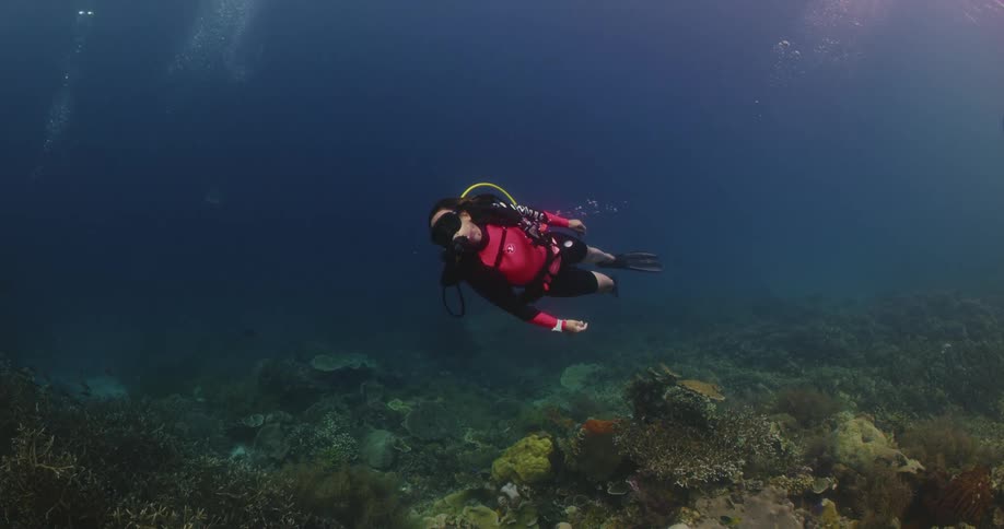 Female scuba diver swims through murky water near coral covered seafloor