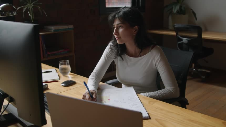 A woman is sitting at a desk in front of computers as she writes on paper and looks at the monitor