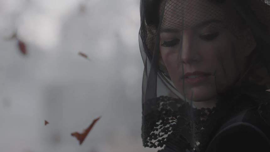 Autumn leaves swirl around a veiled woman